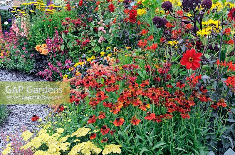 Cottage Garden Border with hot colours and slate path. Bridgemere Gardens. RHS Tatton Park Flower Show 2009