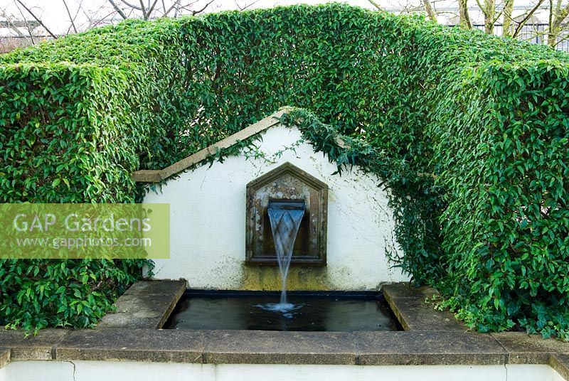 Formal water feature surrounded by clipped Prunus lusitanica 'Myrtifolia' - RHS Rosemoor