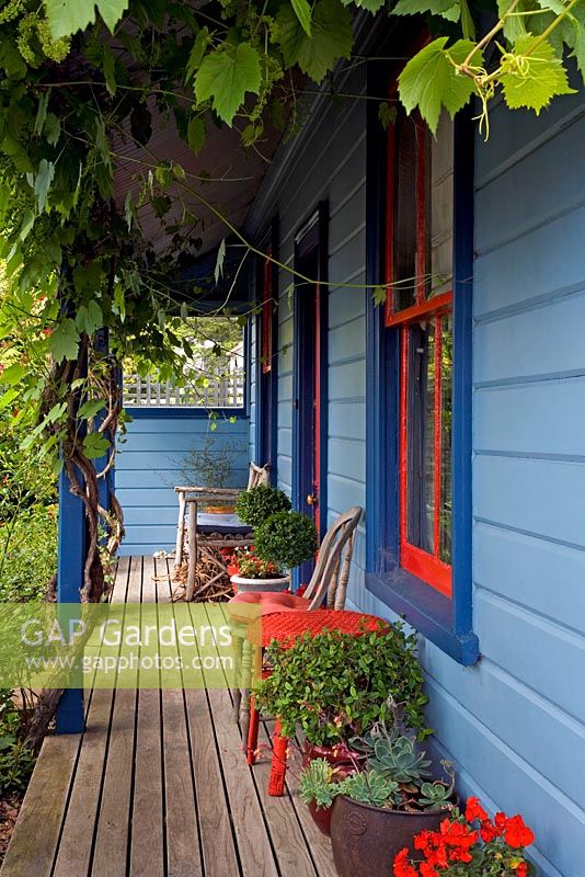 Colourful blue painted cottage with pots on veranda.
No. 11, Christchurch, New Zealand