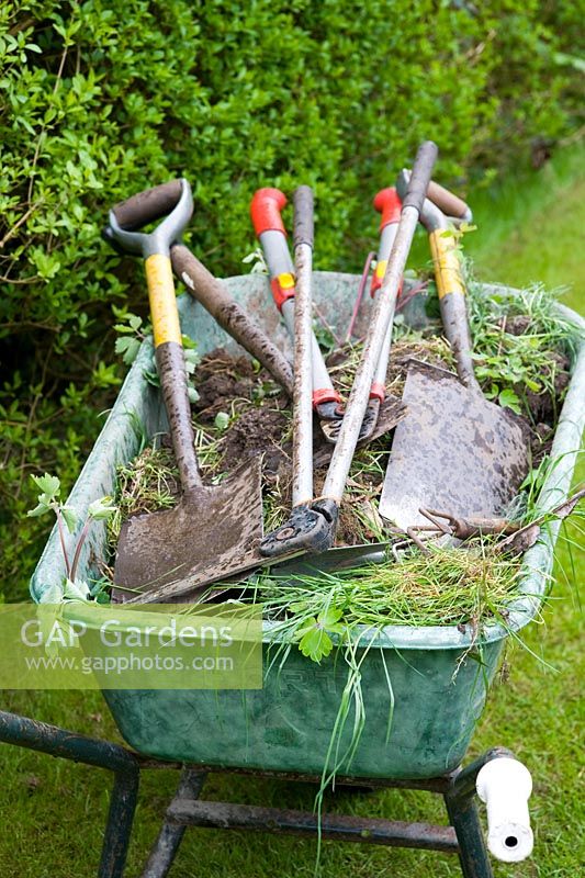 Gardening tools in a wheelbarrow