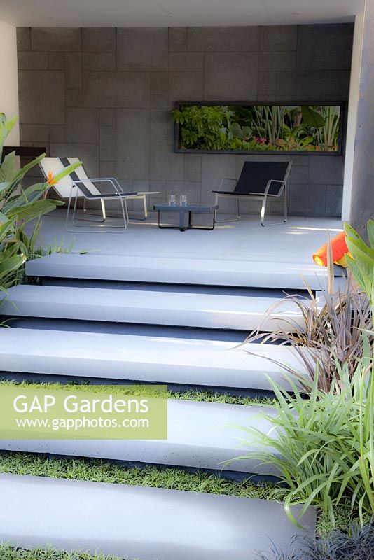Steps up to covered patio area. Trailfinders Australian Garden, Gold medal winner, RHS Chelsea Flower Show 2010 
 