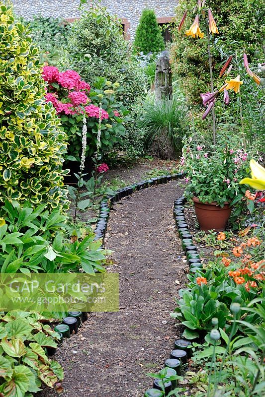 Summer Garden featuring wine bottle lined pathway, Norfolk, UK, July