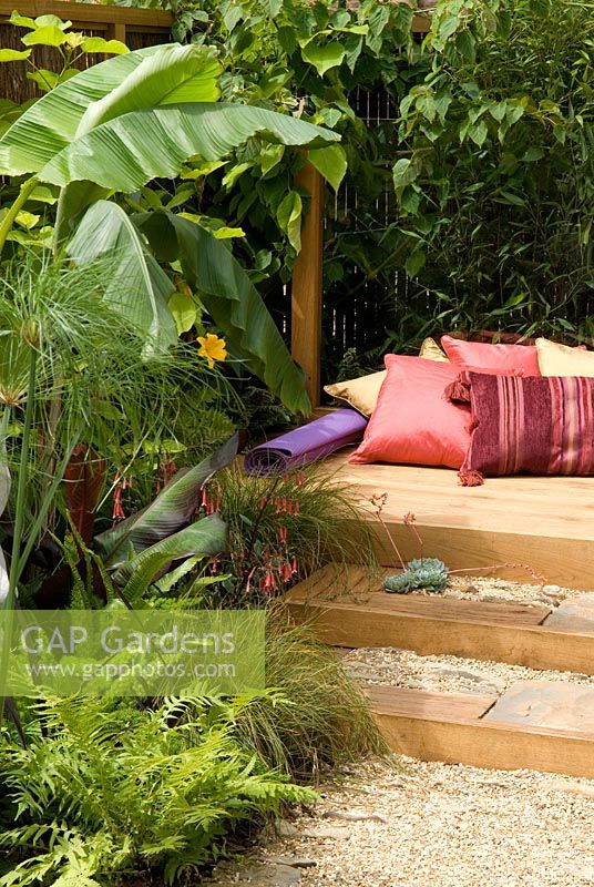 Gravel path and steps leading to oak deck with cushions, surrounded by exotic plants for tropical style ambience. 'The Yoga Garden' - Bronze Medal Winner - RHS Hampton Court Flower Show 2010