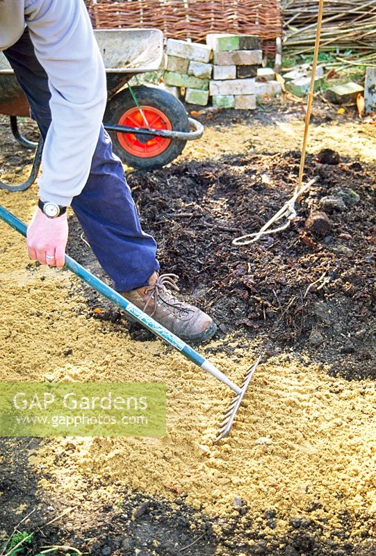 Mini potager - Step 3. Lay a bed of sharp sand, firm with your feet and rake level