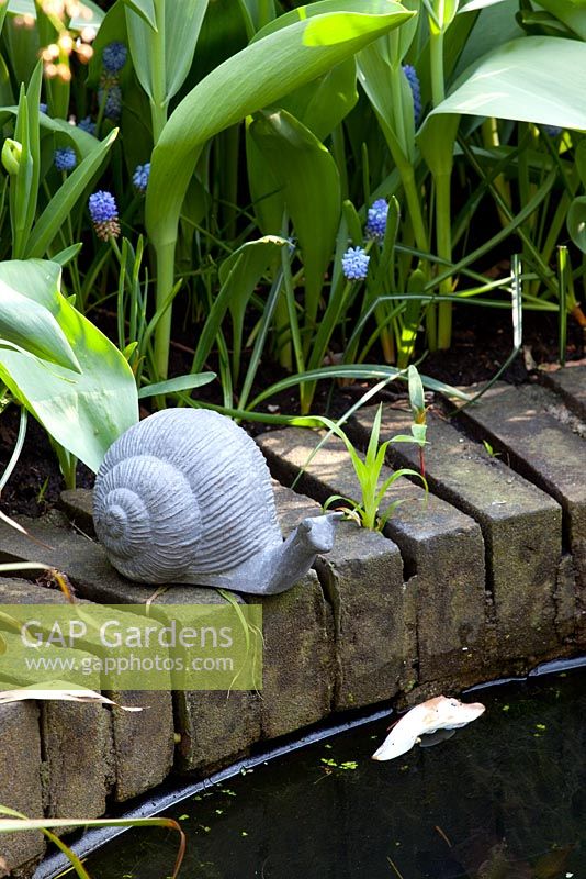 Bronze snail ornament at the edge of a pond