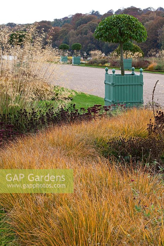 A river of Carex testacea with seedheads of perennials, Stipa gigantea and planters in the Italian Garden - Trentham Gardens, Staffordshire, October