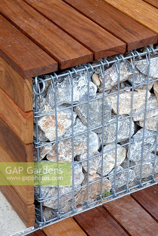 Detail of gabion and wooden bench