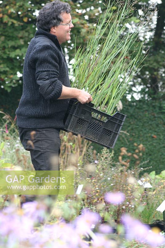 Owner Frans Geysels carrying a crate of plants. Nursery and garden in The Netherlands.