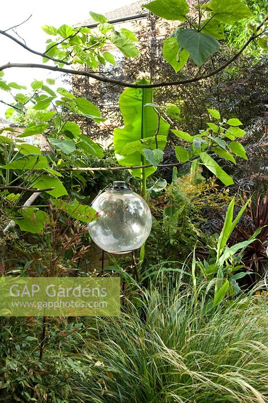 Glass sphere ball sound speaker in border with Musa basjoo. Yulia Badian garden, London, UK 