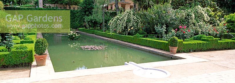 An ornamental pool in the gardens of the Alhambra, Granada, Spain