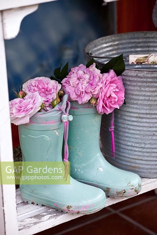 Blue wellies with pink Roses