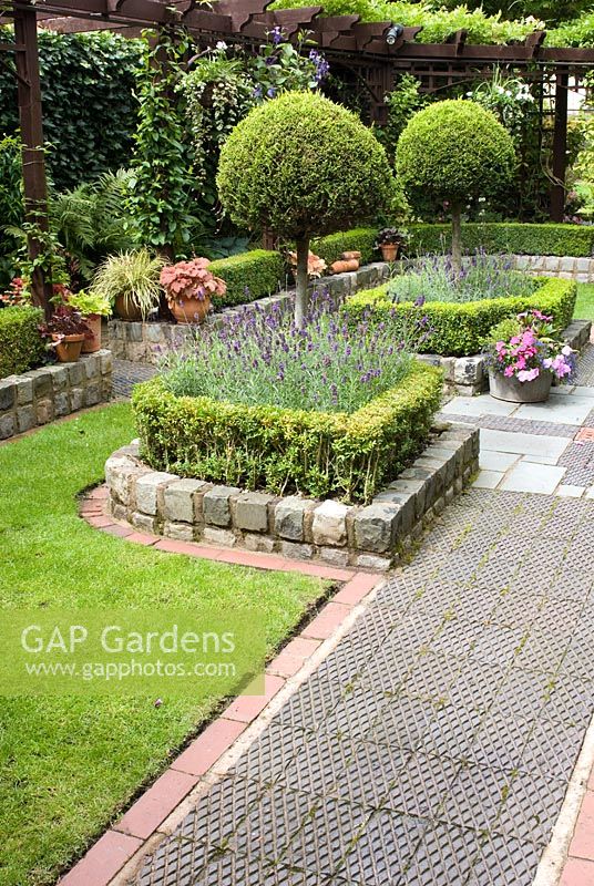 The secluded parterre garden with paths and walls made of small reclaimed cobbles, station platform tiles and bricks, parterre with Buxus sempervirens - Box hedges, Lavandula angustifolia 'Hidcote' and Thuja topiary standards, pergola with Clematis - Brocklebank Road, Southport, Lancashire NGS 
