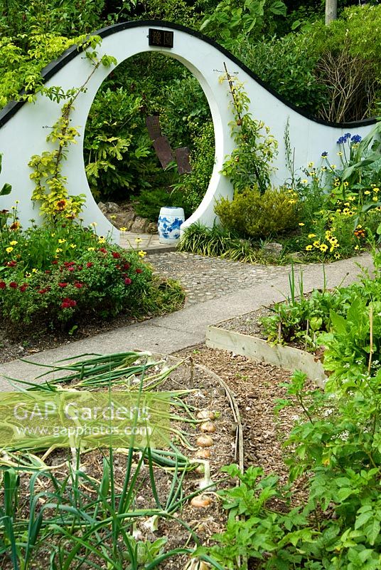 Moon gate marks passage from the kitchen garden to the Wandering Garden, framed by trained fruit trees, Rudbeckias and Tagetes - Marigolds with Onions ready to harvest in the foreground. Beggars Knoll, Newtown, Westbury, Wiltshire, UK