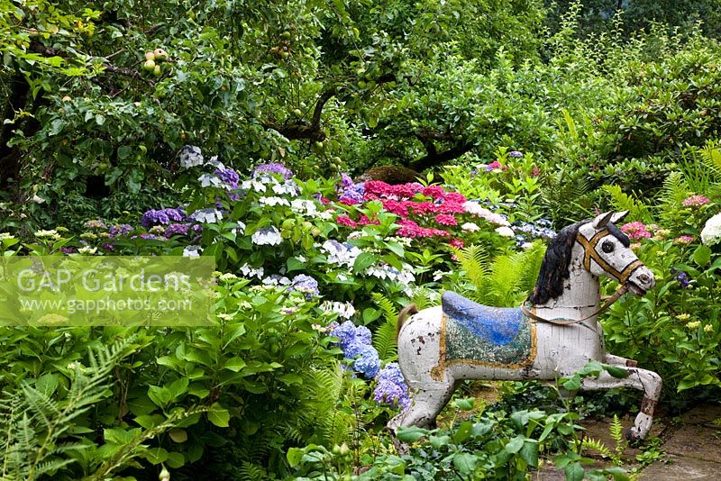 Wood horse backed by Hydrangea macrophylla and Malus - Apple tree