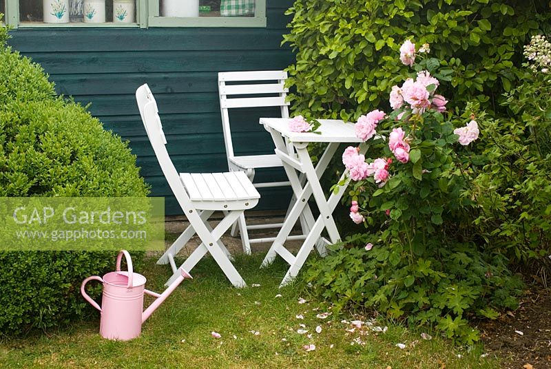 Patio set with Pink Rose and watering can