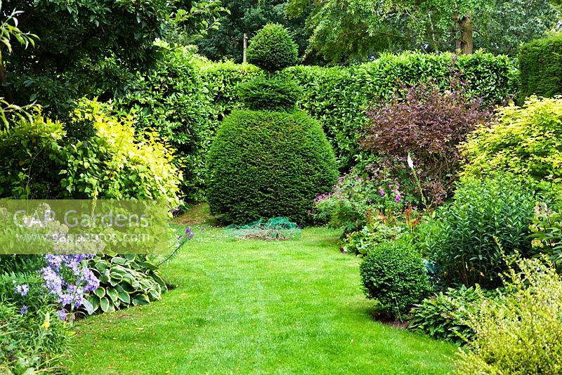 Topiary focal point at the end of borders - The Laskett, near  Hereford, Herefordshire, UK. Private garden of Sir Roy Strong. June. 