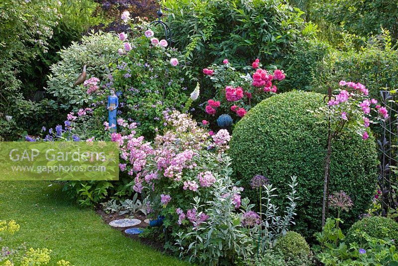 Sculpture of woman and other ceramic objects in border of Buxus - Box ball, and Rosa 'Ballerina', R. 'Eden Rose', R. 'Lavender Dream', and R. 'Rosarium Uetersen' 