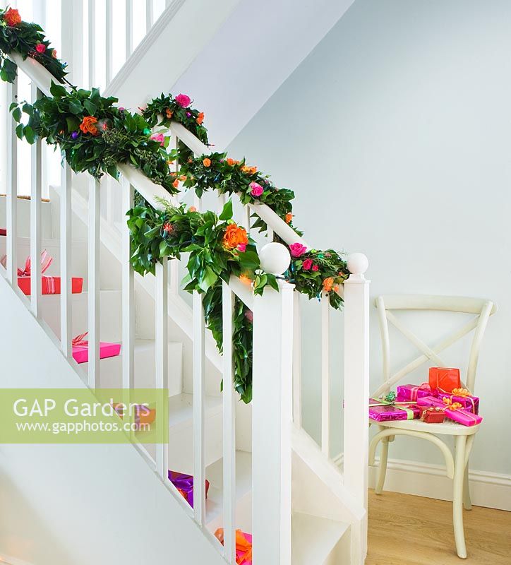 Christmas decorations on staircase

