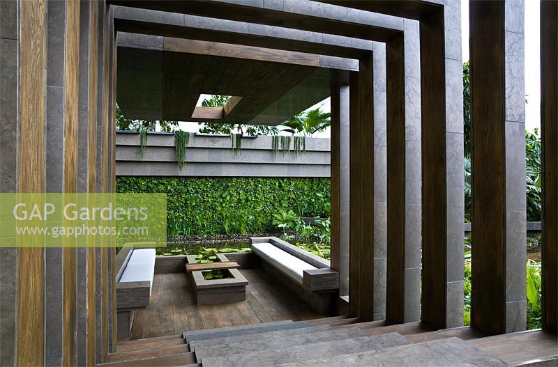 Sunken seating area and pavilion in the 'Tourism Malaysia Garden' - Gold Medal Winner, RHS Chelsea Flower Show 2011 