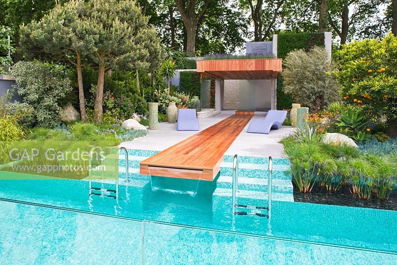 Swimming pool in contemporary Mediterranean style garden - 'A Monaco Garden' - Gold Medal Winner, RHS Chelsea Flower Show 2011 
