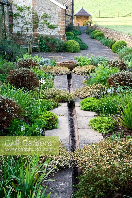 Rill garden behind farmhouse with terracotta spheres and plants including Phormium tenax, Potentilla fruticosa 'Primrose Beauty', Erica carnea 'Springwood White', Dorset