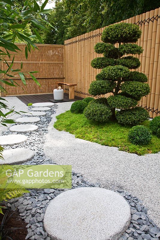 Granite stones and gravel path leading to a seating area with cloud-pruned Ilex crenata and Buxus sempervirens balls and a bamboo fence in the Japanese themed garden - 'Less and More' garden - RHS Hampton Court Flower Show 2011
 