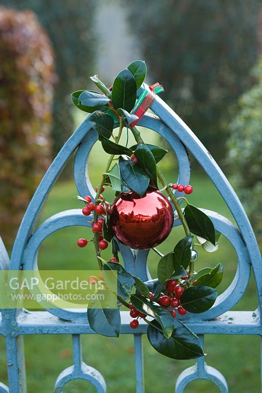 Blue metal gate decorated with bauble and Ilex 'J C Van Tol' - Holly sprig
