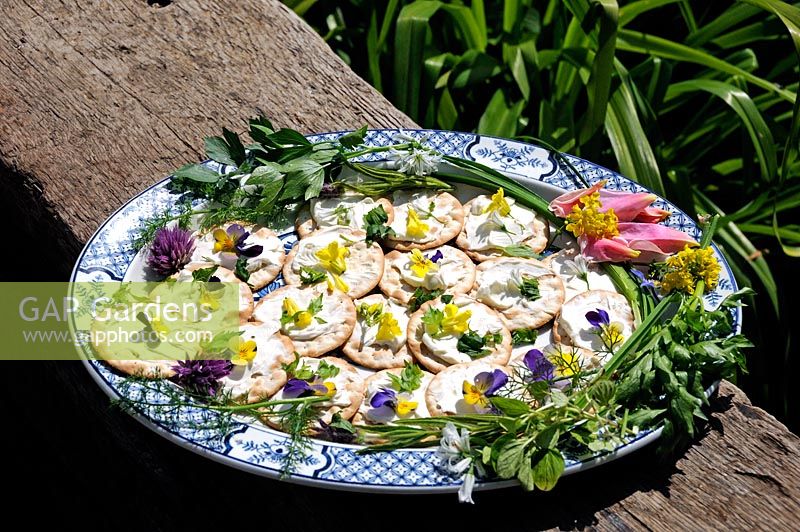 Biscuits decorated with flowers on blue and white plate