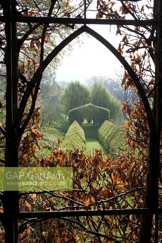 View framed through Gothic window to formal allee and landscape beyond - The Old Rectory, Netherbury, Dorset NGS