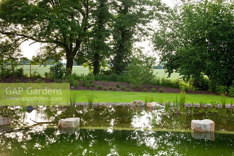 Natural swimming pool, lawn and mature trees at the property's boarder with mulched underplanting - Corylus avellana, Juncus and Quercus robur - Jens Tippel