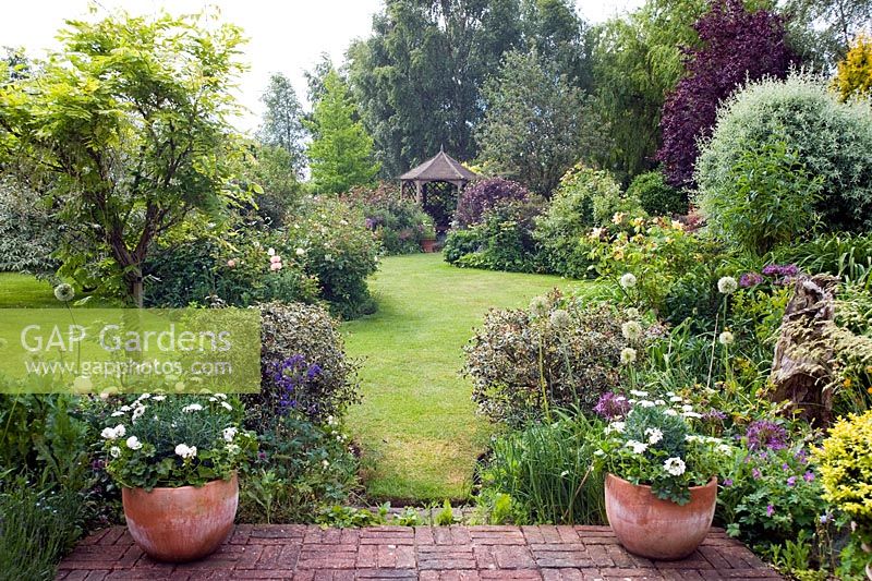 Summerhouse, lawn and borders  - Wickets, Essex NGS