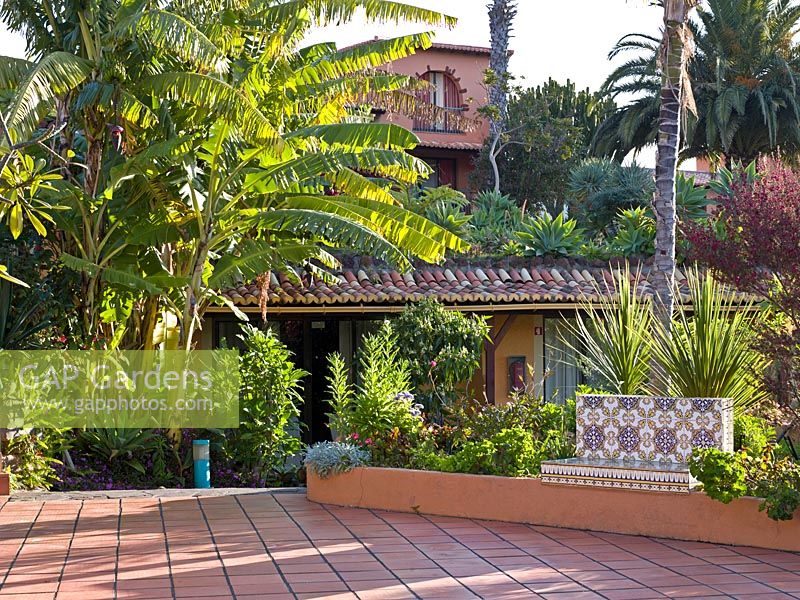Terracotta paved patio in subtropical garden
 