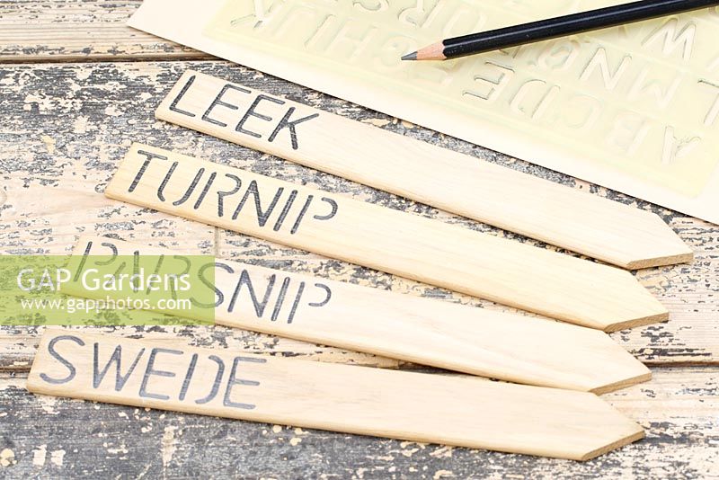 Oak plant labels with stencilled names of vegetables