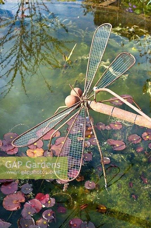 Metal dragonfly sculpture over pond