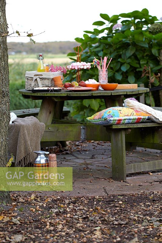 Picnic table with food and drinks