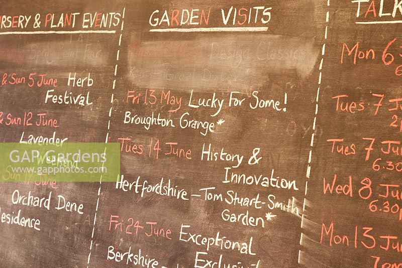 The Garden Museum. The events blackboard.