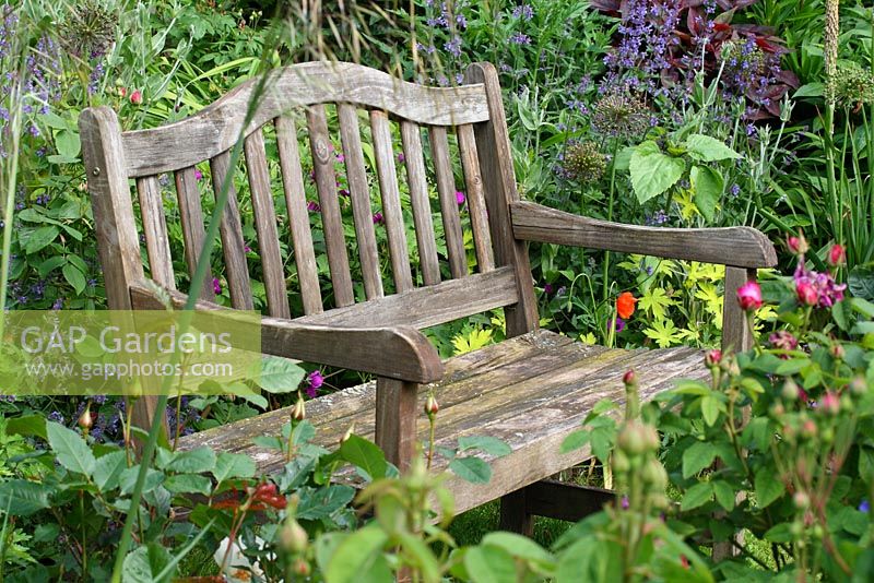 Wooden bench surrounded by a tightly planted border including Rosa, Allium 'Purple Sensation' seedheads, Nepeta, Stipa gigantea, Helinathus and Geranium - The Lizard, Wymondham, Norfolk