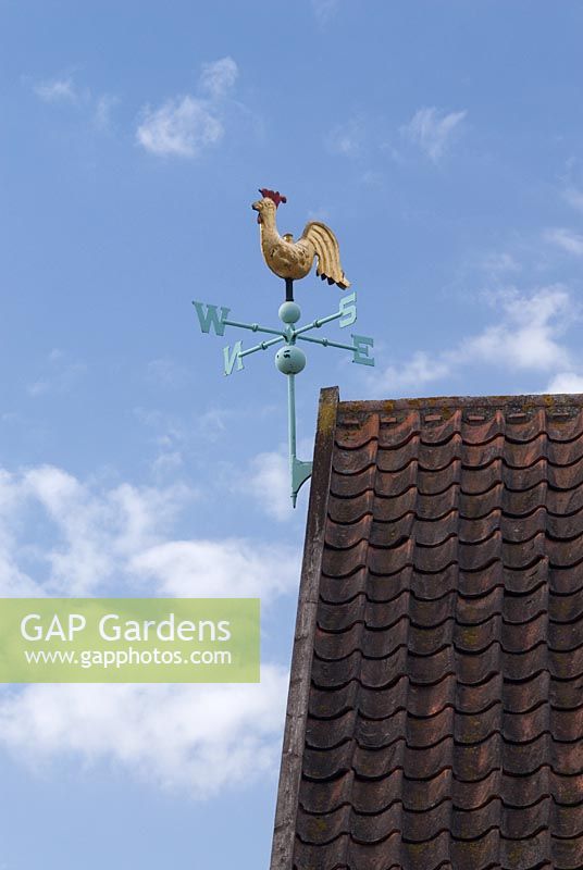 Cockerel weather vane on the roof of a converted barn. June