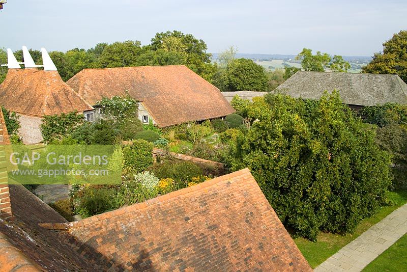 Overhead view of the sunk and mosaic garden at Great Dixter