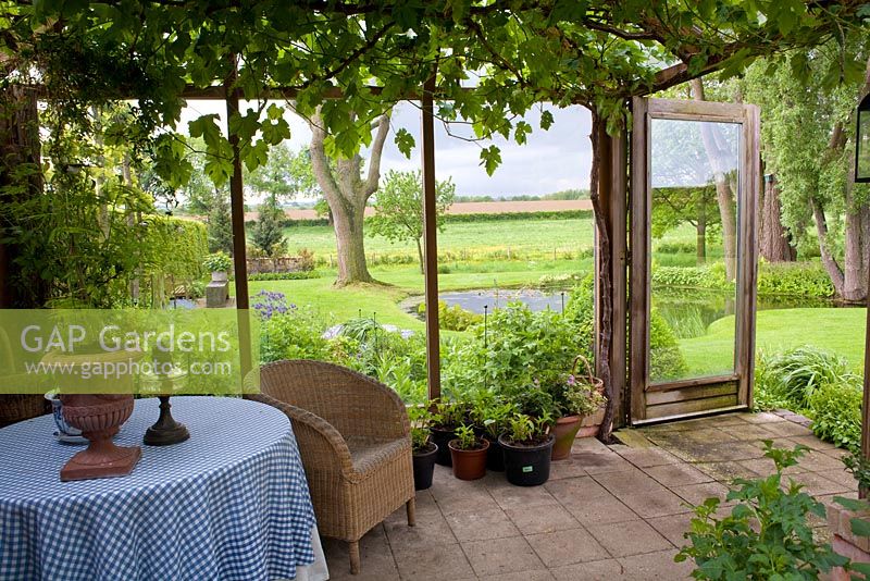 Summerhouse interior, relaxing area, potted plants, vitis vinifera and view through across to the garden, De Carishof