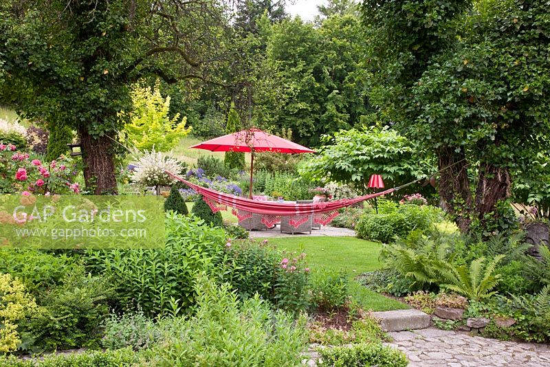 On one level of a big garden a rest area with wicker garden furniture, a parasol and a hammock is surrounded by flowering borders and old trees. Hedera helix, Matteucia struthiopteris, Phlox paniculata, Rosa and Salix integra 'Hakuro Nishiki'