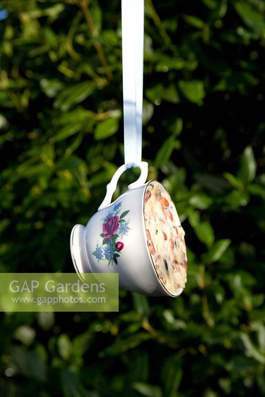 Step by step for creating hanging birdfeeders out of teacups 