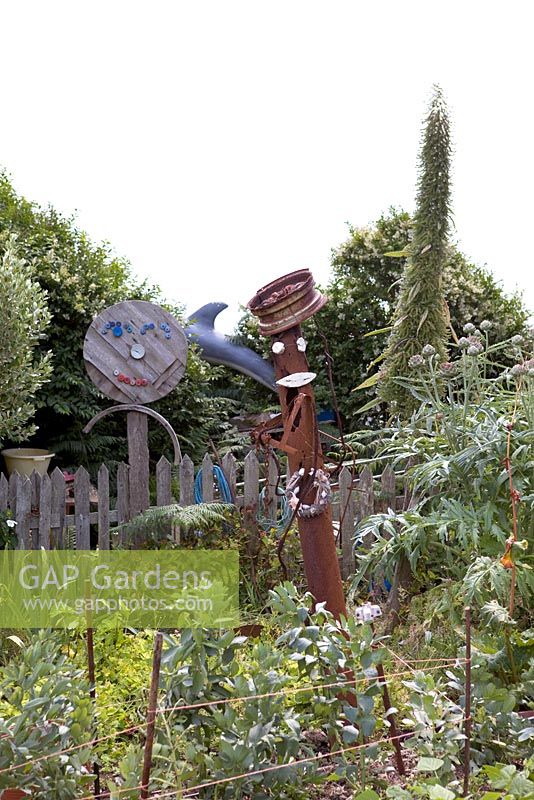 Sculptures made from recycled coastal objects - Coastal allotment, Mousehole, Cornwall