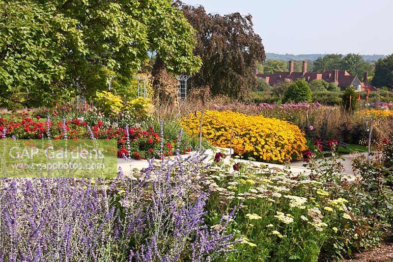 RHS Gardens, Wisley, Surrey.  The Bowes-Lyon Rose Garden designed by Robert Myers in late summer. Drifts of perennials mingle with the roses
