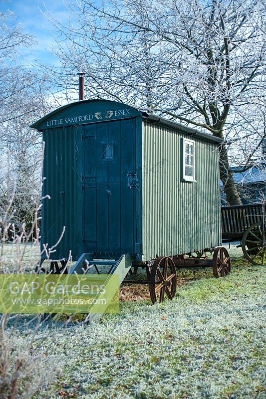 Shepherds Hut in wild garden, December - The Mill House, Little Sampford, Essex.