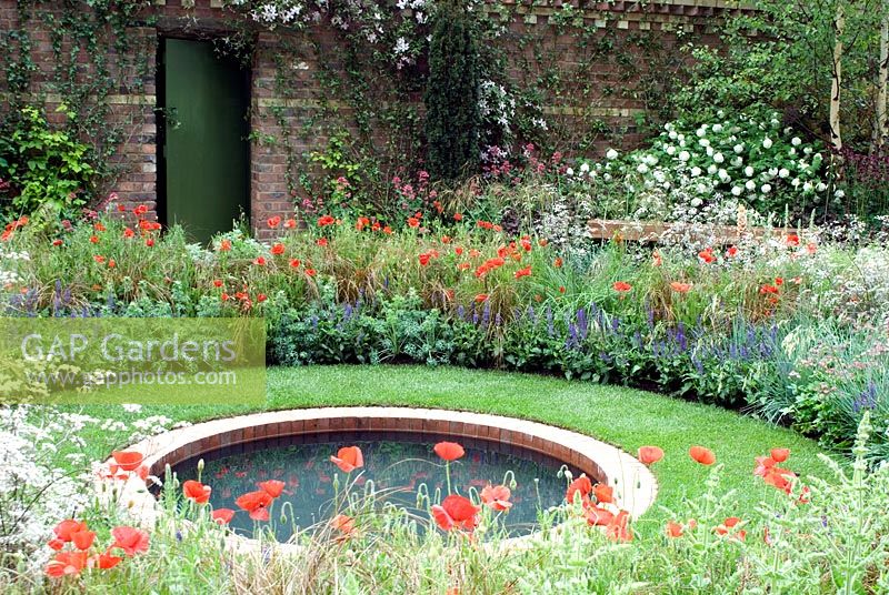 Field poppies, wildflowers and perennials forming a border around small circular pool and lawn - The Largest Room in the House, RHS Chelsea Flower Show 2008