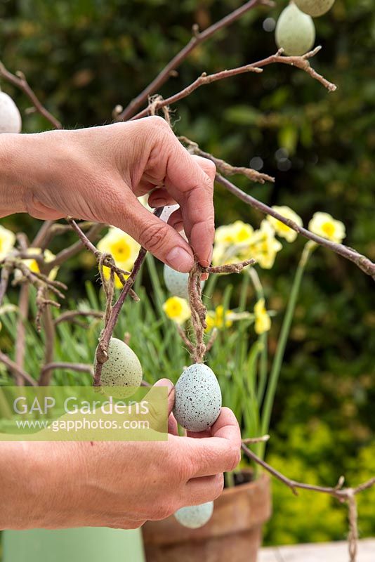 Decorating a branch with easter eggs