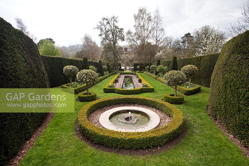 Formal ponds edged with box hedging and standard holly - The Dower House