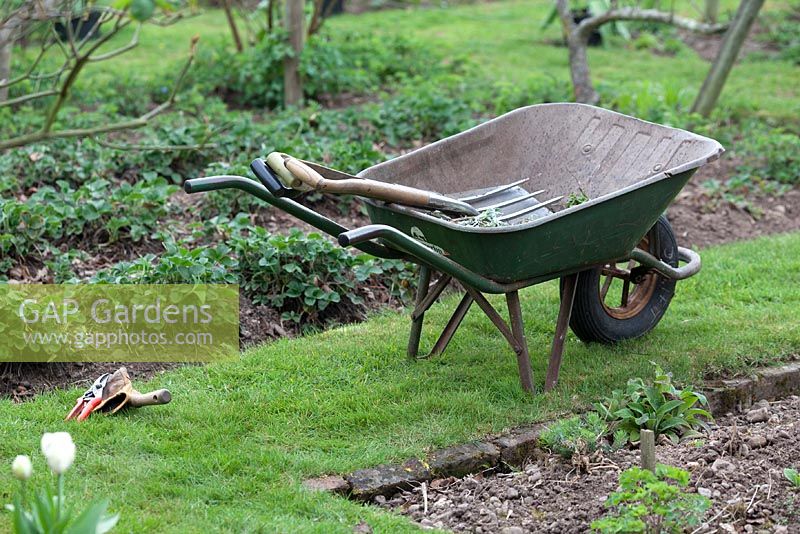 Wheelbarrow in the vegetable garden at the Dower House