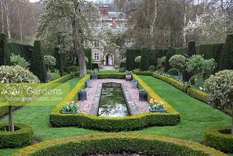 The formal pond edged with box hedging and Holly standrads at The Dower House